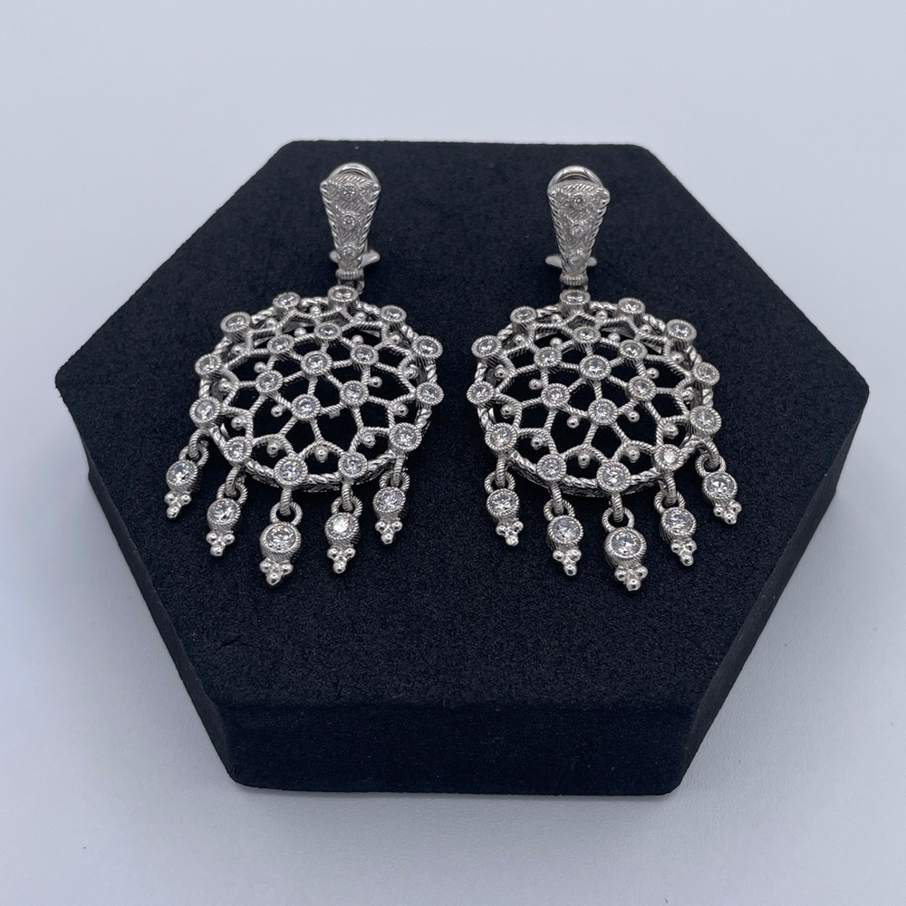 Judith Ripka 925 Sterling Silver Chandelier CZ Dangling Earrings Thailand Estate - Picture 3 of 8